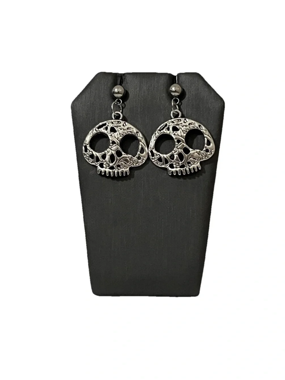 Gothic Sugar Skull Dangle Earrings Silver Tone Ornate Floral Halloween Jewelry